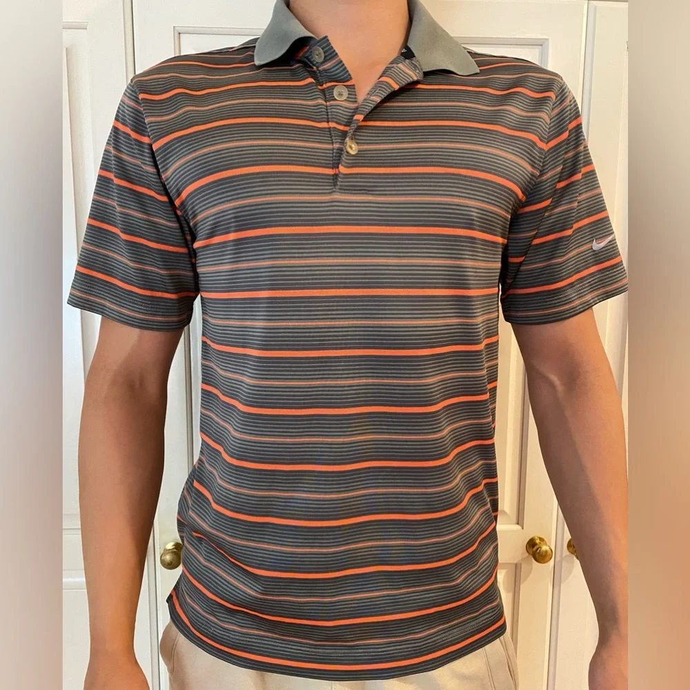Nike golf polo shirt Gray orange Stripes Dry-fit short sleeve men's S